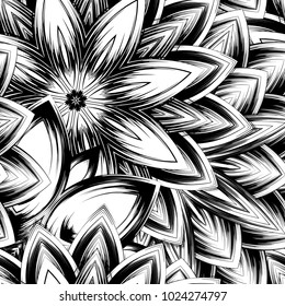 Seamless floral background. Tracery handmade nature ethnic fabric backdrop pattern with saturated dark flowers. Textile design texture. Decorative binary monochrome black and white art. Vector