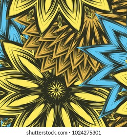 Seamless floral background. Tracery handmade nature ethnic fabric backdrop pattern with flowers. Textile design texture. Decorative color art. Vector