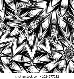 Seamless floral background. Tracery handmade nature ethnic fabric backdrop pattern with saturated dark flowers. Textile design texture. Decorative binary monochrome black and white art. Vector