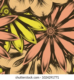 Seamless floral background. Tracery handmade nature ethnic fabric backdrop pattern with flowers. Textile design texture. Decorative color art. Vector