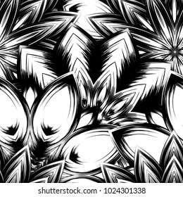 Seamless floral background. Tracery handmade nature ethnic fabric backdrop pattern with saturated dark flowers. Textile design texture. Decorative binary monochrome black and white art. Vector