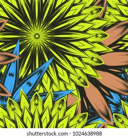 Seamless floral background. Tracery handmade nature ethnic fabric backdrop pattern with flowers. Textile design texture. Decorative color art. Vector