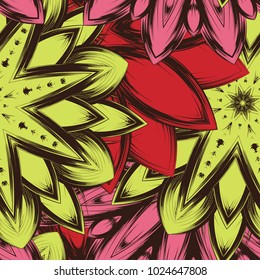 Seamless floral background. Tracery handmade nature ethnic fabric backdrop pattern with flowers. Textile design texture. Decorative color art. Vector