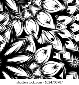Seamless floral background. Tracery handmade nature ethnic fabric backdrop pattern with saturated dark flowers. Textile design texture. Decorative binary monochrome black and white art. Vector
