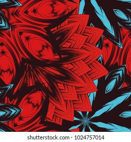 Seamless floral background. Tracery handmade nature ethnic fabric backdrop pattern with flowers. Textile design texture. Decorative color art. Vector