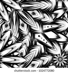 Seamless floral background. Tracery handmade nature ethnic fabric backdrop pattern with saturated dark flowers. Textile design texture. Decorative binary monochrome black and white art. Vector