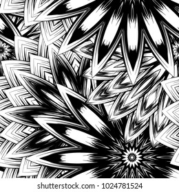 Seamless floral background. Tracery handmade nature ethnic fabric backdrop pattern with saturated dark flowers. Textile design texture. Decorative binary monochrome black and white art. Vector