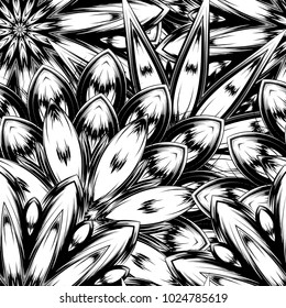 Seamless floral background. Tracery handmade nature ethnic fabric backdrop pattern with saturated dark flowers. Textile design texture. Decorative binary monochrome black and white art. Vector