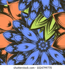 Seamless floral background. Tracery handmade nature ethnic fabric backdrop pattern with flowers. Textile design texture. Decorative color art. Vector