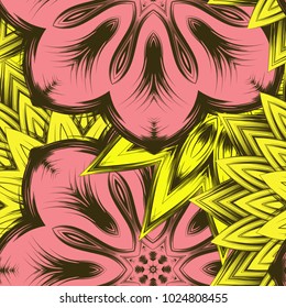 Seamless floral background. Tracery handmade nature ethnic fabric backdrop pattern with flowers. Textile design texture. Decorative color art. Vector