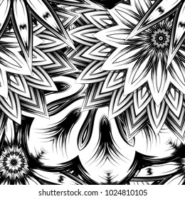 Seamless floral background. Tracery handmade nature ethnic fabric backdrop pattern with saturated dark flowers. Textile design texture. Decorative binary monochrome black and white art. Vector