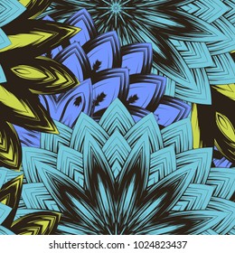 Seamless floral background. Tracery handmade nature ethnic fabric backdrop pattern with flowers. Textile design texture. Decorative color art. Vector