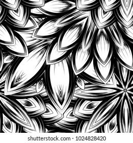 Seamless floral background. Tracery handmade nature ethnic fabric backdrop pattern with saturated dark flowers. Textile design texture. Decorative binary monochrome black and white art. Vector