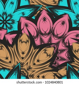 Seamless floral background. Tracery handmade nature ethnic fabric backdrop pattern with flowers. Textile design texture. Decorative color art. Vector