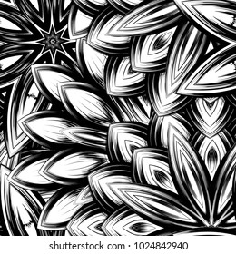 Seamless floral background. Tracery handmade nature ethnic fabric backdrop pattern with saturated dark flowers. Textile design texture. Decorative binary monochrome black and white art. Vector