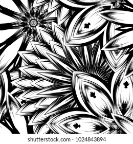 Seamless floral background. Tracery handmade nature ethnic fabric backdrop pattern with saturated dark flowers. Textile design texture. Decorative binary monochrome black and white art. Vector