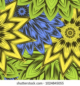 Seamless floral background. Tracery handmade nature ethnic fabric backdrop pattern with flowers. Textile design texture. Decorative color art. Vector