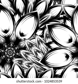 Seamless floral background. Tracery handmade nature ethnic fabric backdrop pattern with saturated dark flowers. Textile design texture. Decorative binary monochrome black and white art. Vector