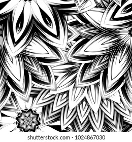 Seamless floral background. Tracery handmade nature ethnic fabric backdrop pattern with saturated dark flowers. Textile design texture. Decorative binary monochrome black and white art. Vector