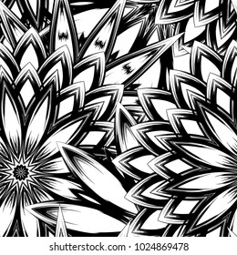 Seamless floral background. Tracery handmade nature ethnic fabric backdrop pattern with saturated dark flowers. Textile design texture. Decorative binary monochrome black and white art. Vector