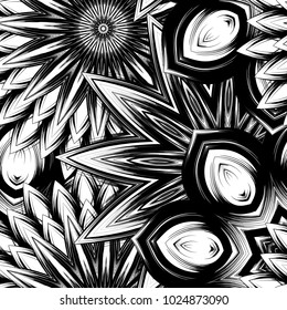 Seamless floral background. Tracery handmade nature ethnic fabric backdrop pattern with saturated dark flowers. Textile design texture. Decorative binary monochrome black and white art. Vector