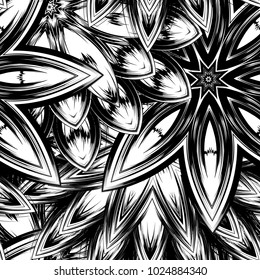 Seamless floral background. Tracery handmade nature ethnic fabric backdrop pattern with saturated dark flowers. Textile design texture. Decorative binary monochrome black and white art. Vector