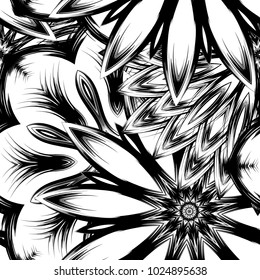 Seamless floral background. Tracery handmade nature ethnic fabric backdrop pattern with saturated dark flowers. Textile design texture. Decorative binary monochrome black and white art. Vector