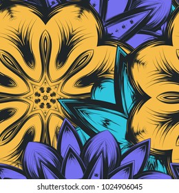 Seamless floral background. Tracery handmade nature ethnic fabric backdrop pattern with flowers. Textile design texture. Decorative color art. Vector