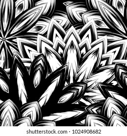 Seamless floral background. Tracery handmade nature ethnic fabric backdrop pattern with saturated dark flowers. Textile design texture. Decorative binary monochrome black and white art. Vector