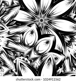 Seamless floral background. Tracery handmade nature ethnic fabric backdrop pattern with saturated dark flowers. Textile design texture. Decorative binary monochrome black and white art. Vector