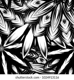 Seamless floral background. Tracery handmade nature ethnic fabric backdrop pattern with saturated dark flowers. Textile design texture. Decorative binary monochrome black and white art. Vector