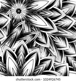 Seamless floral background. Tracery handmade nature ethnic fabric backdrop pattern with saturated dark flowers. Textile design texture. Decorative binary monochrome black and white art. Vector