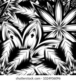 Seamless floral background. Tracery handmade nature ethnic fabric backdrop pattern with saturated dark flowers. Textile design texture. Decorative binary monochrome black and white art. Vector