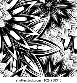 Seamless floral background. Tracery handmade nature ethnic fabric backdrop pattern with saturated dark flowers. Textile design texture. Decorative binary monochrome black and white art. Vector