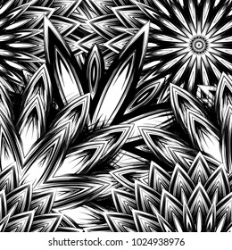 Seamless floral background. Tracery handmade nature ethnic fabric backdrop pattern with saturated dark flowers. Textile design texture. Decorative binary monochrome black and white art. Vector
