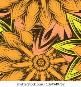 Seamless floral background. Tracery handmade nature ethnic fabric backdrop pattern with flowers. Textile design texture. Decorative color art. Vector