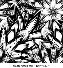 Seamless floral background. Tracery handmade nature ethnic fabric backdrop pattern with saturated dark flowers. Textile design texture. Decorative binary monochrome black and white art. Vector