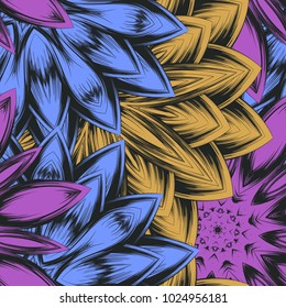 Seamless floral background. Tracery handmade nature ethnic fabric backdrop pattern with flowers. Textile design texture. Decorative color art. Vector