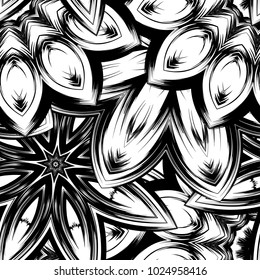 Seamless floral background. Tracery handmade nature ethnic fabric backdrop pattern with saturated dark flowers. Textile design texture. Decorative binary monochrome black and white art. Vector