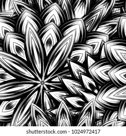 Seamless floral background. Tracery handmade nature ethnic fabric backdrop pattern with saturated dark flowers. Textile design texture. Decorative binary monochrome black and white art. Vector