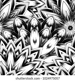 Seamless floral background. Tracery handmade nature ethnic fabric backdrop pattern with saturated dark flowers. Textile design texture. Decorative binary monochrome black and white art. Vector
