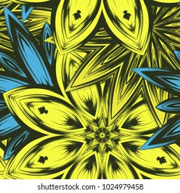 Seamless floral background. Tracery handmade nature ethnic fabric backdrop pattern with flowers. Textile design texture. Decorative color art. Vector