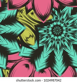 Seamless floral background. Tracery handmade nature ethnic fabric backdrop pattern with flowers. Textile design texture. Decorative color art. Vector