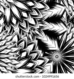 Seamless floral background. Tracery handmade nature ethnic fabric backdrop pattern with saturated dark flowers. Textile design texture. Decorative binary monochrome black and white art. Vector