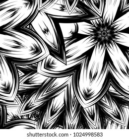 Seamless floral background. Tracery handmade nature ethnic fabric backdrop pattern with saturated dark flowers. Textile design texture. Decorative binary monochrome black and white art. Vector