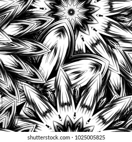 Seamless floral background. Tracery handmade nature ethnic fabric backdrop pattern with saturated dark flowers. Textile design texture. Decorative binary monochrome black and white art. Vector