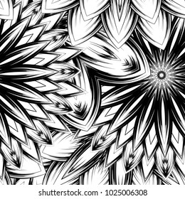 Seamless floral background. Tracery handmade nature ethnic fabric backdrop pattern with saturated dark flowers. Textile design texture. Decorative binary monochrome black and white art. Vector