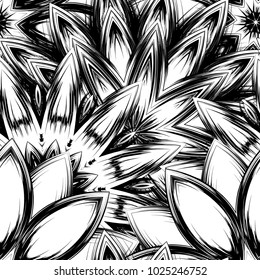 Seamless floral background. Tracery handmade nature ethnic fabric backdrop pattern with saturated dark flowers. Textile design texture. Decorative binary monochrome black and white art. Vector