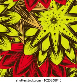 Seamless floral background. Tracery handmade nature ethnic fabric backdrop pattern with flowers. Textile design texture. Decorative color art. Vector