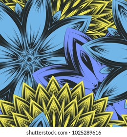 Seamless floral background. Tracery handmade nature ethnic fabric backdrop pattern with flowers. Textile design texture. Decorative color art. Vector